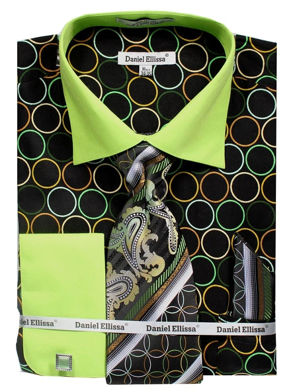 French Cuff Circle Printed Cotton Shirt In Black/Green With Tie, Cuff Links And Handkerchief 3 French Cuff Circle Printed Cotton Shirt In Black/Green With Tie, Cuff Links And Handkerchief