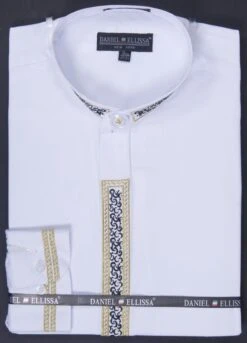 Basic Banded Collar Dress Shirt With Embroidery In White
