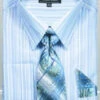 French Cuff Blue Striped Pattern Dress Shirt Set With Tie, Cuff Links And Handkerchief -Clothing Shop Dn96m blue