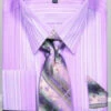 French Cuff Lavender Striped Pattern Dress Shirt Set With Tie, Cuff Links And Handkerchief -Clothing Shop Dn96m lav