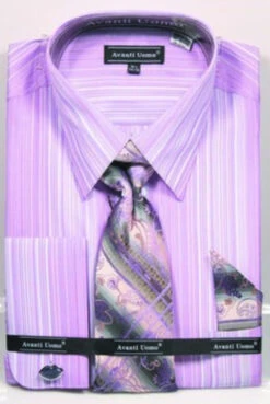 French Cuff Lavender Striped Pattern Dress Shirt Set With Tie, Cuff Links And Handkerchief