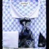French Cuff Printed Two Tone Shirts In Blue With Tie, Cuff Links And Handkerchief -Clothing Shop FRV4126P2 BLUE