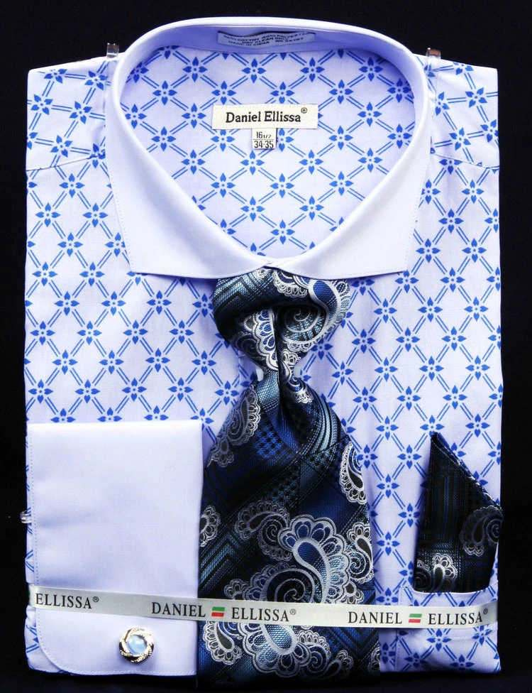 French Cuff Printed Two Tone Shirts In Blue With Tie, Cuff Links And Handkerchief 3 French Cuff Printed Two Tone Shirts In Blue With Tie, Cuff Links And Handkerchief