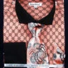 French Cuff Printed Two Tone Shirt In Coral With Tie, Cuff Links And Handkerchief -Clothing Shop FRV4126P2 CORAL