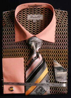 French Cuff Printed Tone On Tone Shirt In Black/Gold With Tie, Cuff Links And Handkerchief