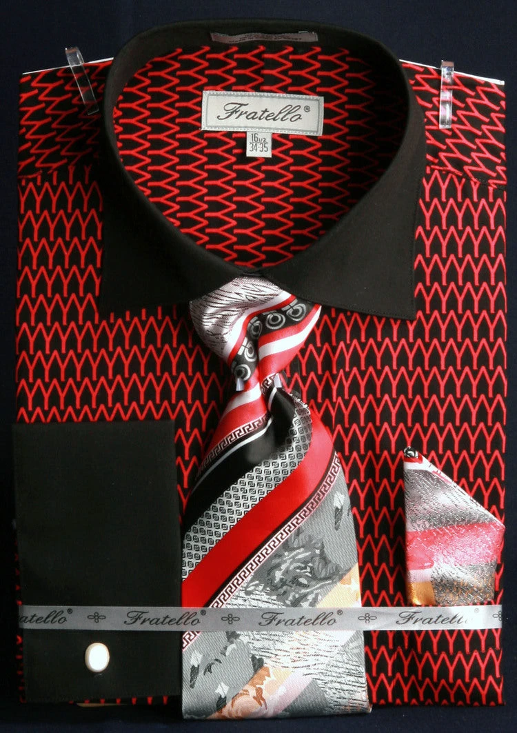 French Cuff Printed Tone On Tone Shirt In Black/Red With Tie, Cuff Links, And Handkerchief 3 French Cuff Printed Tone On Tone Shirt In Black/Red With Tie, Cuff Links, And Handkerchief
