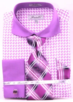 French Cuff Checker Pattern Cotton Shirt In Lilac With Tie, Cuff Links And Handkerchief