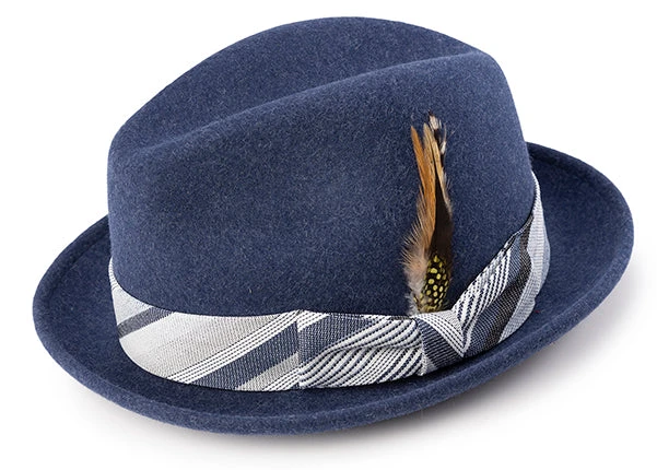 Wool Felt Pinch Front Fedora With Feather Accent In Navy 3 Wool Felt Pinch Front Fedora With Feather Accent In Navy
