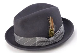 Wool Felt Pinch Front Gray Fedora With Feather Accent