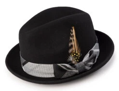 Wool Felt Pinch Front Black Fedora With Feather Accent