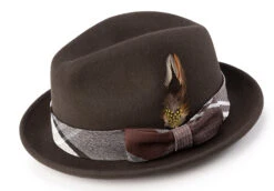 Wool Felt Pinch Front Brown Fedora With Feather Accent