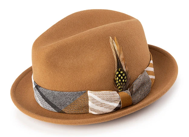 Wool Felt Pinch Front Tan Fedora With Feather Accent 3 Wool Felt Pinch Front Tan Fedora With Feather Accent