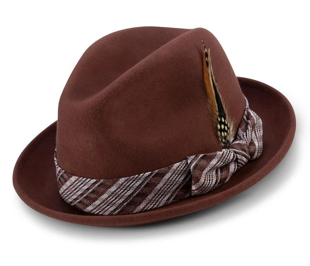 Cognac 2" Brim Matching Ribbon Wool Felt Fedora Hat 3 Cognac 2" Brim Matching Ribbon Wool Felt Fedora Hat