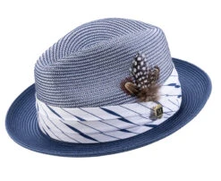 Navy 2" Brim Pinch Braided Fedora With Matching Plaid Ribbon