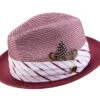 Burgundy 2" Brim Pinch Braided Fedora With Matching Plaid Ribbon -Clothing Shop H 2303 burgundy