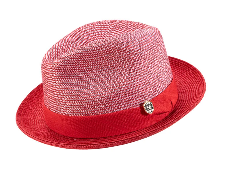 Red 2" Brim Pinch Braided Fedora With Matching Ribbon 3 Red 2" Brim Pinch Braided Fedora With Matching Ribbon