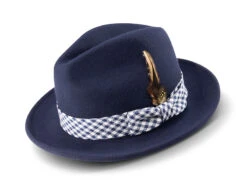 Navy Wool Felt Dress Hat With Feather Accent