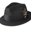 Black Solid Color Pinch Braided Fedora With Matching Satin Ribbon -Clothing Shop H 34 BLACK