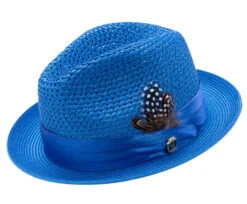 Cobalt Blue Solid Color Pinch Braided Fedora With Matching Satin Ribbon