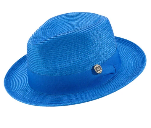 Cobalt Blue Braided Wide Brim Pinch Fedora Matching Grosgrain Ribbon -Clothing Shop H 42 COBALT