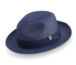 Navy Braided Wide Brim Pinch Fedora Matching Grosgrain Ribbon