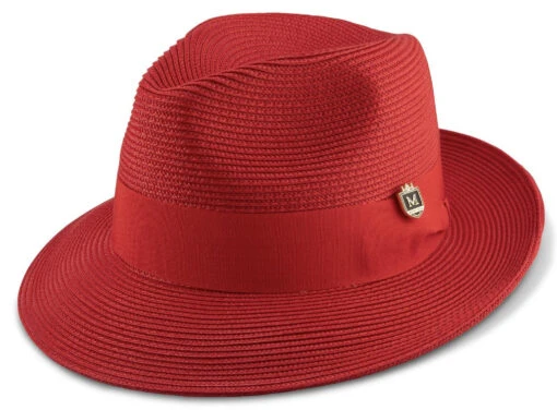 Red Braided Wide Brim Pinch Fedora Matching Grosgrain Ribbon -Clothing Shop H 42 RED