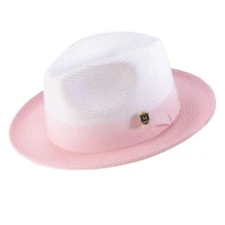 Pink Two-Tone Wide Brim Matching Grosgrain Ribbon Straw Fedora
