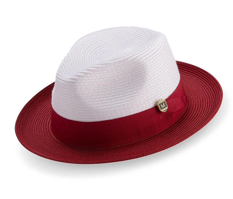 Red Two-Tone Wide Brim Matching Grosgrain Ribbon Straw Fedora 3 Red Two-Tone Wide Brim Matching Grosgrain Ribbon Straw Fedora