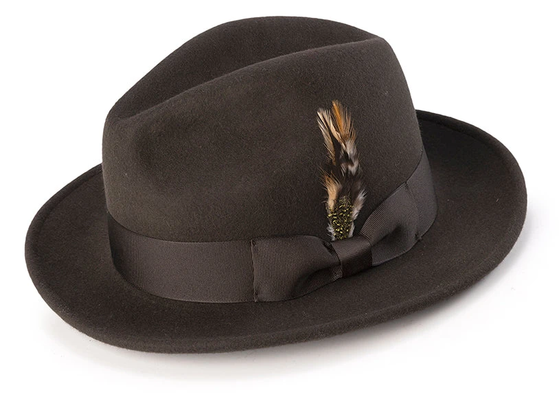 Wool Felt Fedora Pinch Front With Feather Accent In Brown 3 Wool Felt Fedora Pinch Front With Feather Accent In Brown