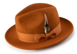 Wool Felt Fedora Pinch Front With Feather Accent In Cognac