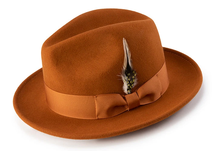 (XL) Wool Felt Fedora Pinch Front With Feather Accent In Cognac 3 (XL) Wool Felt Fedora Pinch Front With Feather Accent In Cognac