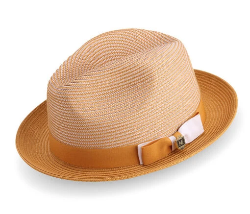 Gold Men's Two Tone Braided Pinch Fedora With Grosgrain Ribbon -Clothing Shop H 68 GOLD