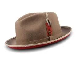 2 ¼" Brim Wool Felt Dress Hat With Feather Accent Tan With Red Bottom