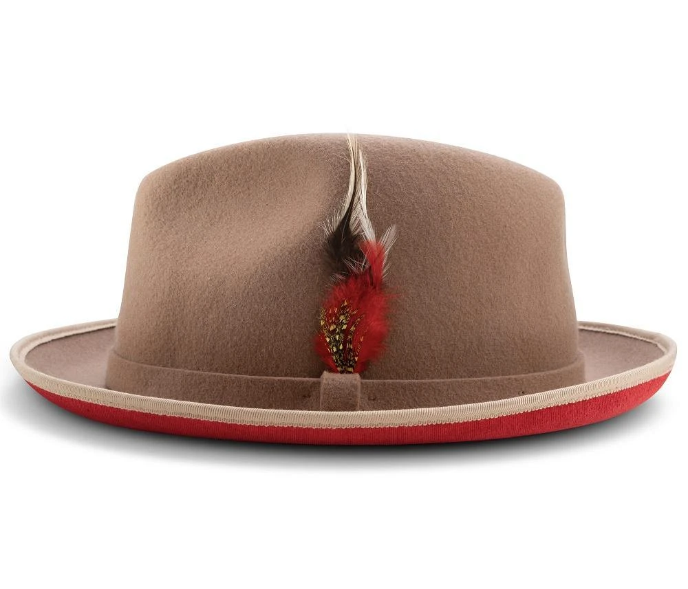 2 ¼" Brim Wool Felt Dress Hat With Feather Accent Tan With Red Bottom 6 2 ¼" Brim Wool Felt Dress Hat With Feather Accent Tan With Red Bottom - Image 4