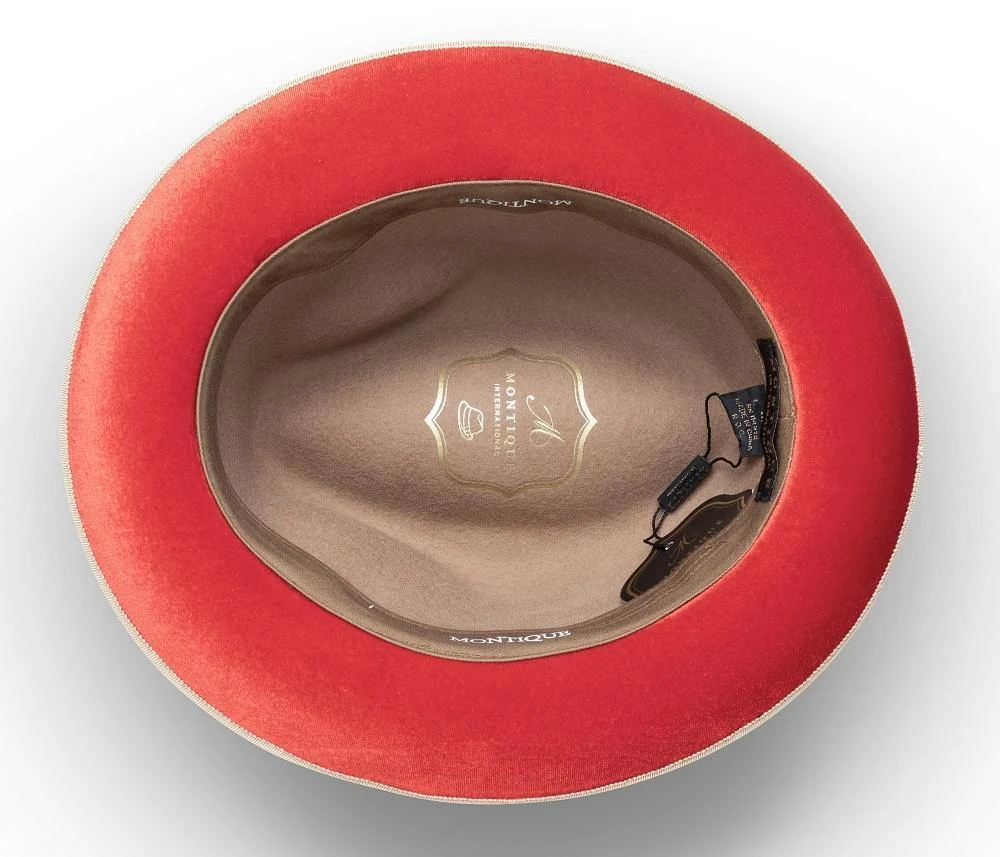 2 ¼" Brim Wool Felt Dress Hat With Feather Accent Tan With Red Bottom 4 2 ¼" Brim Wool Felt Dress Hat With Feather Accent Tan With Red Bottom - Image 2