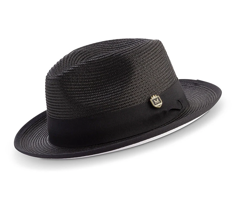 Black Wide Brim Braided Pinch Fedora Hat With White Bottom 3 Black Wide Brim Braided Pinch Fedora Hat With White Bottom