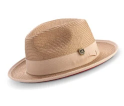 Tan Wide Brim Braided Pinch Fedora Hat With Red Bottom