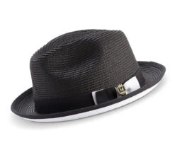 Two Tone Ribbon Stingy Brim Pinch Braided Fedora - Black With White Bottom