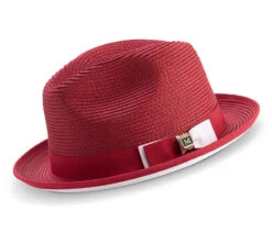 Two Tone Ribbon Stingy Brim Pinch Braided Fedora - Cranberry With White Bottom