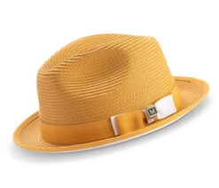 Two Tone Ribbon Stingy Brim Pinch Braided Fedora - Gold With White Bottom