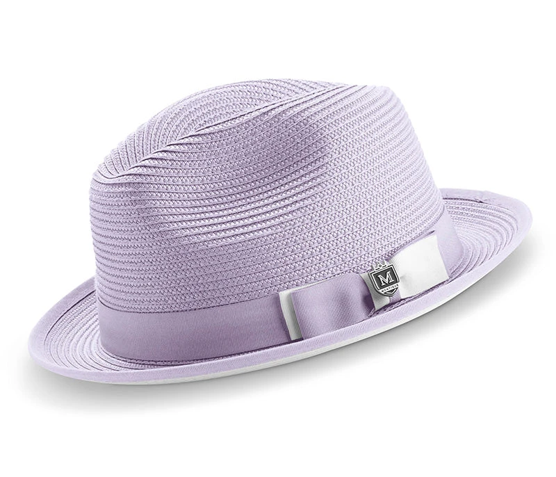 Two Tone Ribbon Stingy Brim Pinch Braided Fedora - Lavender With White Bottom 3 Two Tone Ribbon Stingy Brim Pinch Braided Fedora - Lavender With White Bottom