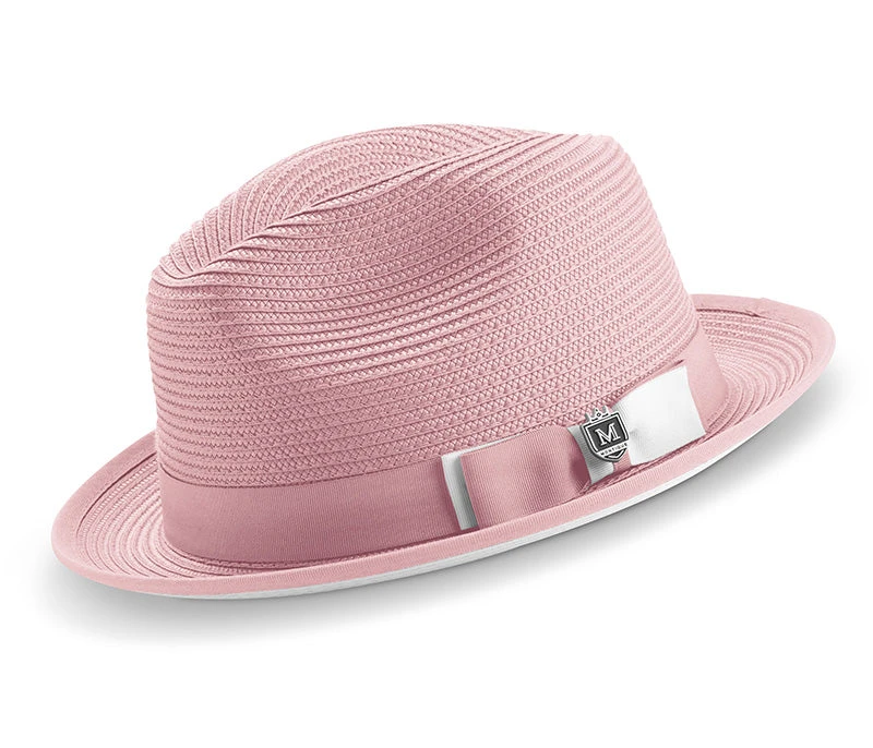 Two Tone Ribbon Stingy Brim Pinch Braided Fedora - Pink With White Bottom 3 Two Tone Ribbon Stingy Brim Pinch Braided Fedora - Pink With White Bottom