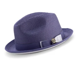 Two Tone Ribbon Stingy Brim Pinch Braided Fedora - Purple With White Bottom