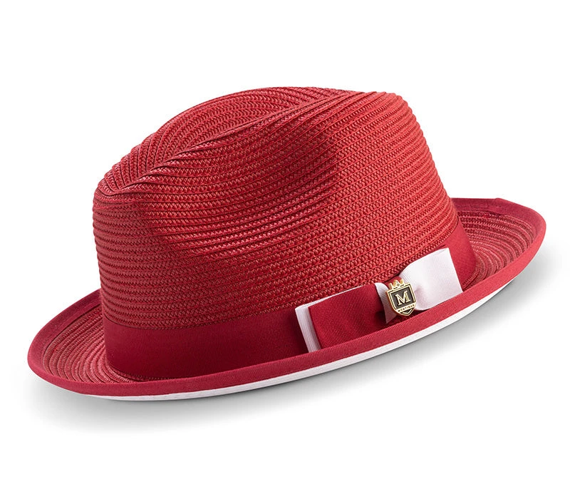 Two Tone Ribbon Stingy Brim Pinch Braided Fedora - Red With White Bottom 3 Two Tone Ribbon Stingy Brim Pinch Braided Fedora - Red With White Bottom