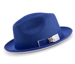 Two Tone Ribbon Stingy Brim Pinch Braided Fedora - Royal Blue With White Bottom