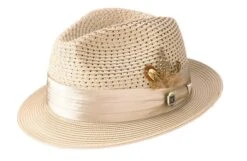 Tan Solid Color Pinch Braided Fedora With Matching Satin Ribbon