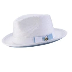 Braided Stingy Brim Pinch Fedora Hat - White With Carolina Bottom