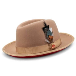 Tan 2 ¾" Brim Red Bottom Wool Felt Dress Hat
