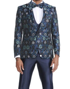 Navy Slim Fit Tuxedo 4 Piece Floral Pattern With Bow Tie