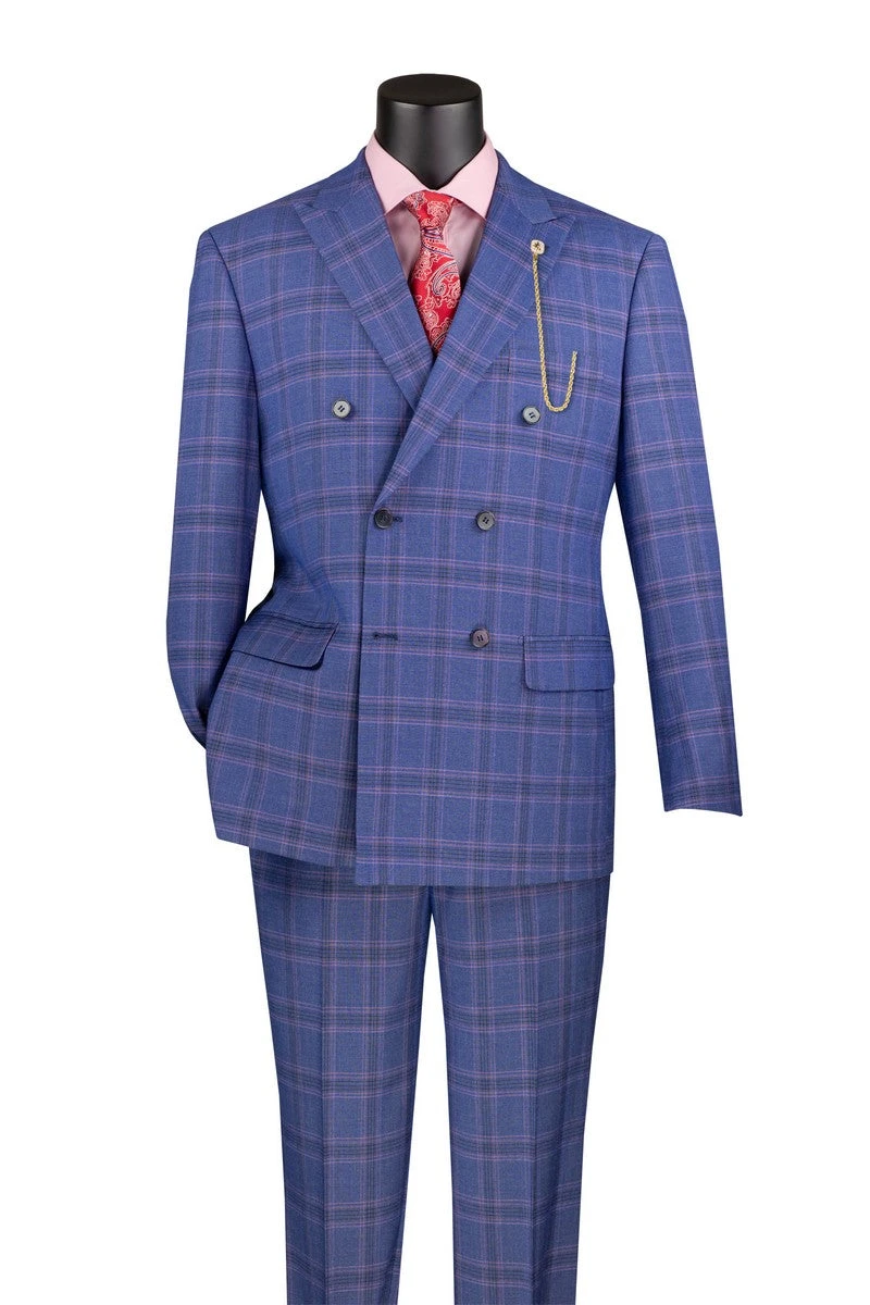 Blue Modern Fit Double Breasted Glen Plaid Peak Lapel 2 Piece Suit 3 Blue Modern Fit Double Breasted Glen Plaid Peak Lapel 2 Piece Suit